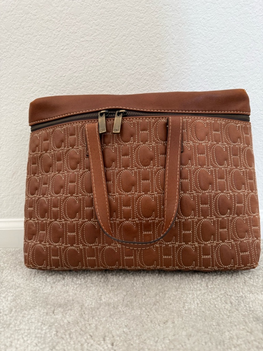 Carolina Herrera Chestnut Quilted CH Logo Laptop Bag